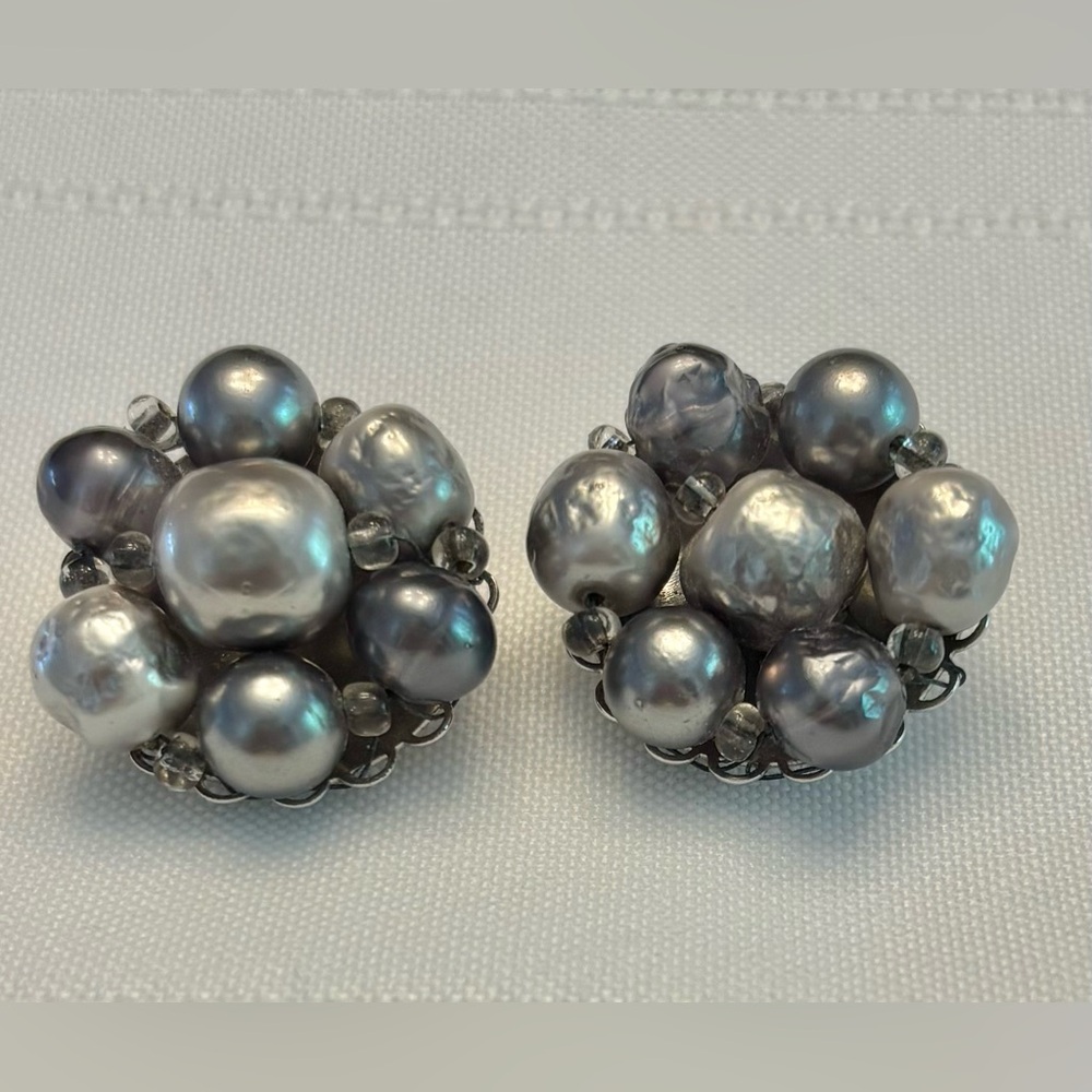 Vintage Marcella silver faux baroque pearl and glass bead clip earrings